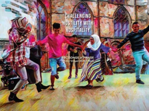Dancing outside a church, with the text: "Challenging Hostility with Hospitality", BBC Songs of Praise, Sunday 12 April 2026, 1:15pm.